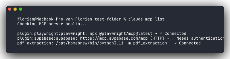 Output of claude mcp list showing connected and disconnected servers