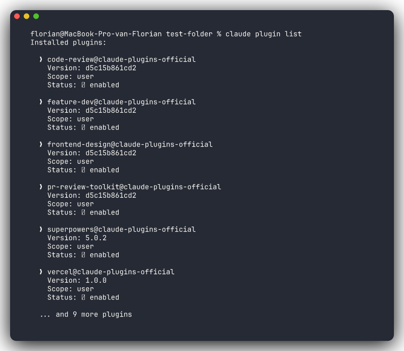 Output of claude plugin list showing installed plugins