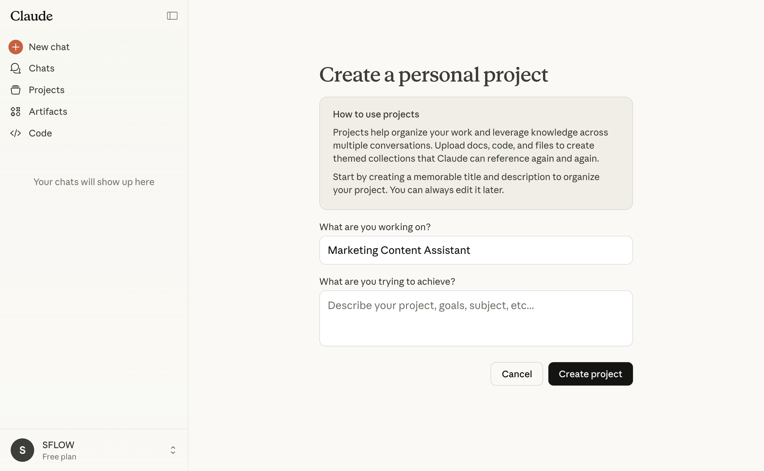 New project created in Claude