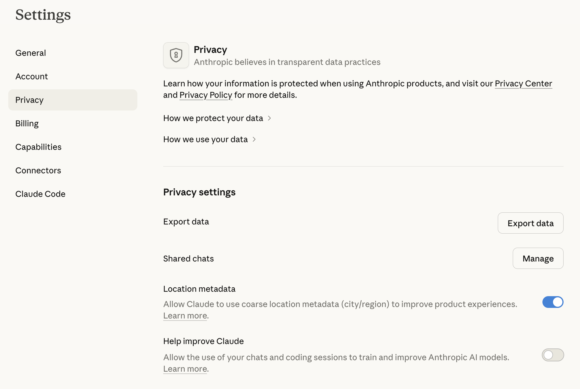 Claude model training toggle