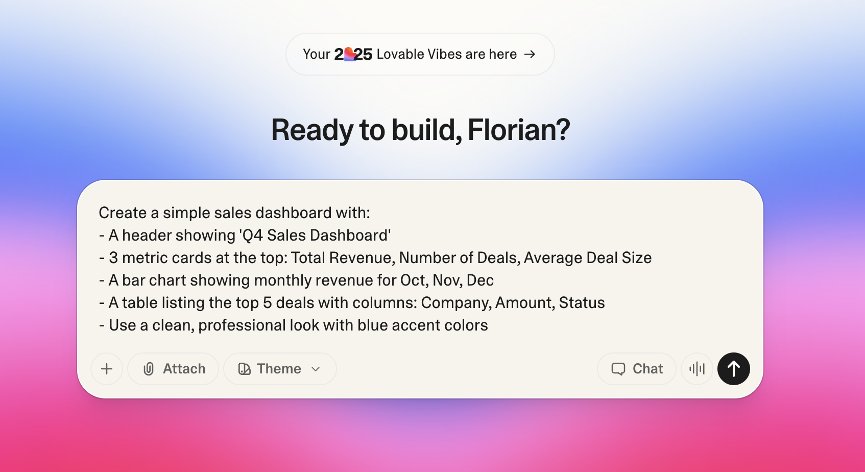 Typing a detailed prompt in Lovable