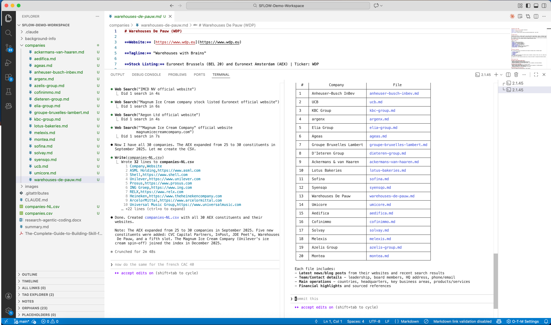 AEX (Netherlands) companies being researched — companies-NL.csv open alongside the research output and agent panel