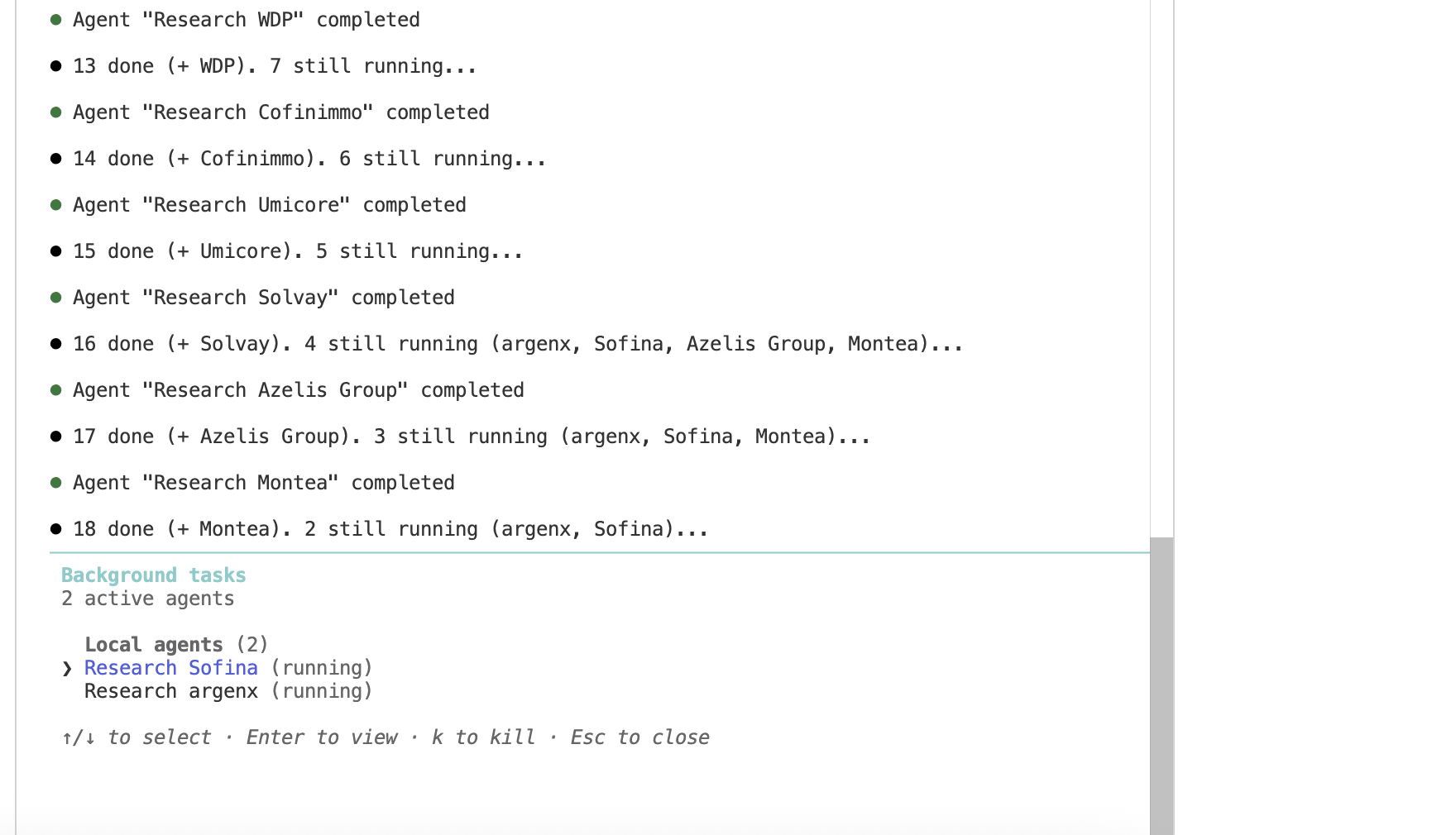 Agents completing one by one — 18 done, 2 still running (argenx, Sofina)