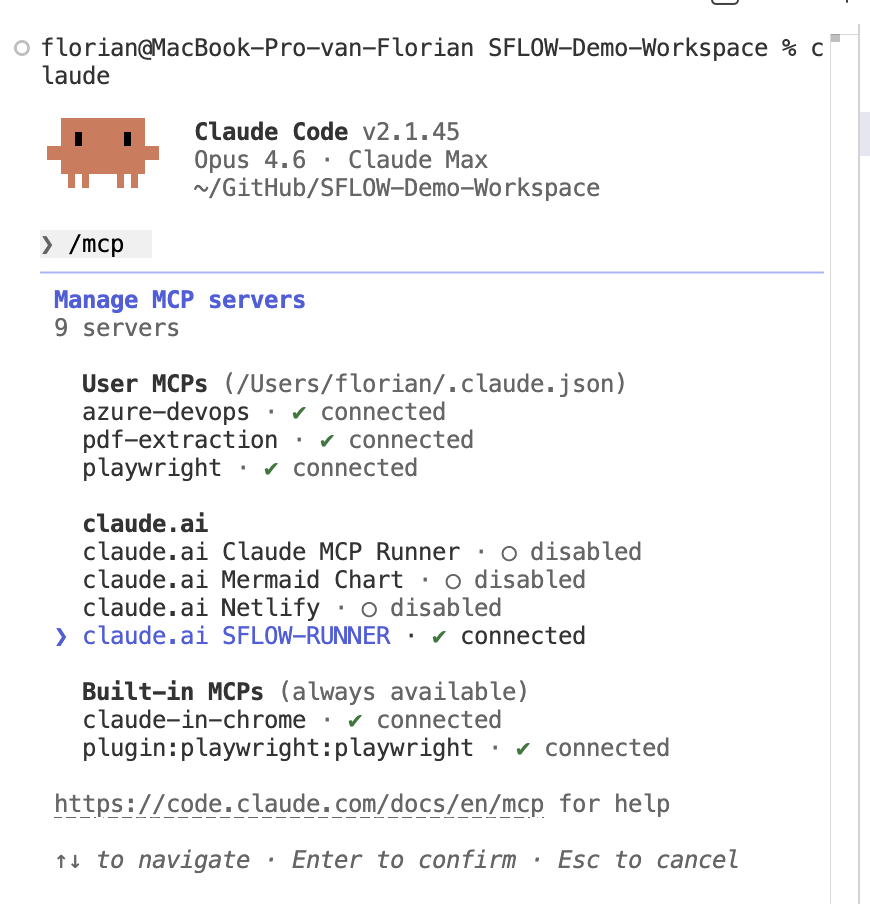 Claude Code /mcp showing 9 connected MCP servers — azure-devops, pdf-extraction, playwright, SFLOW-RUNNER, claude-in-chrome, and more