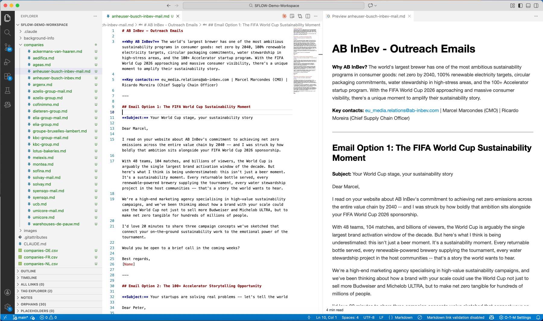 AB InBev personalized outreach emails in VS Code — markdown source on the left, rendered preview on the right showing tailored email options referencing their World Cup sustainability story