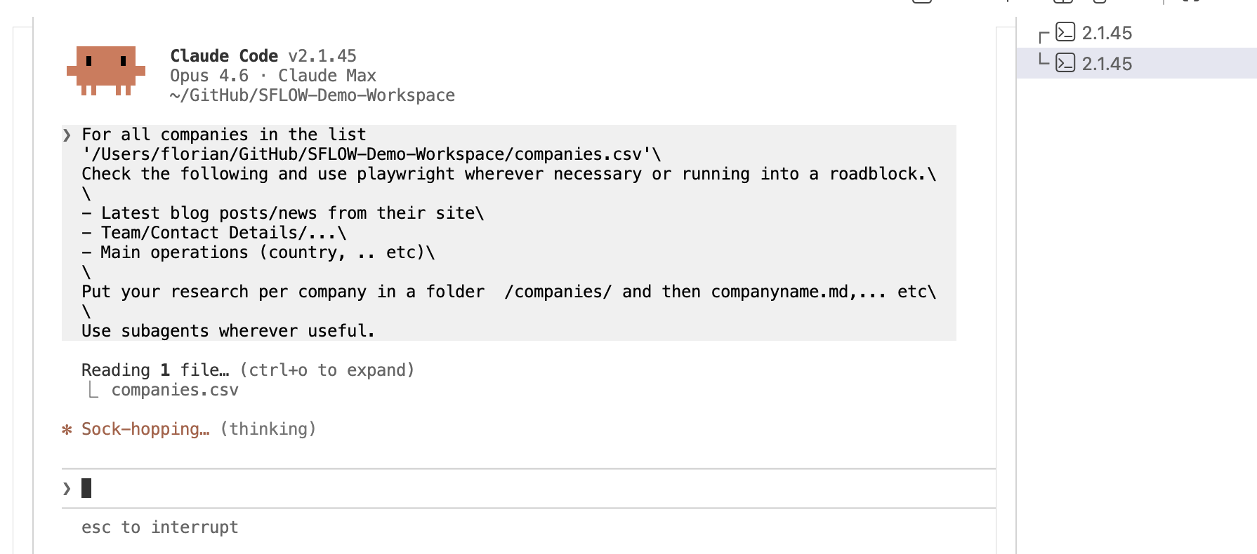The research prompt instructing Claude Code to research all companies using subagents and Playwright