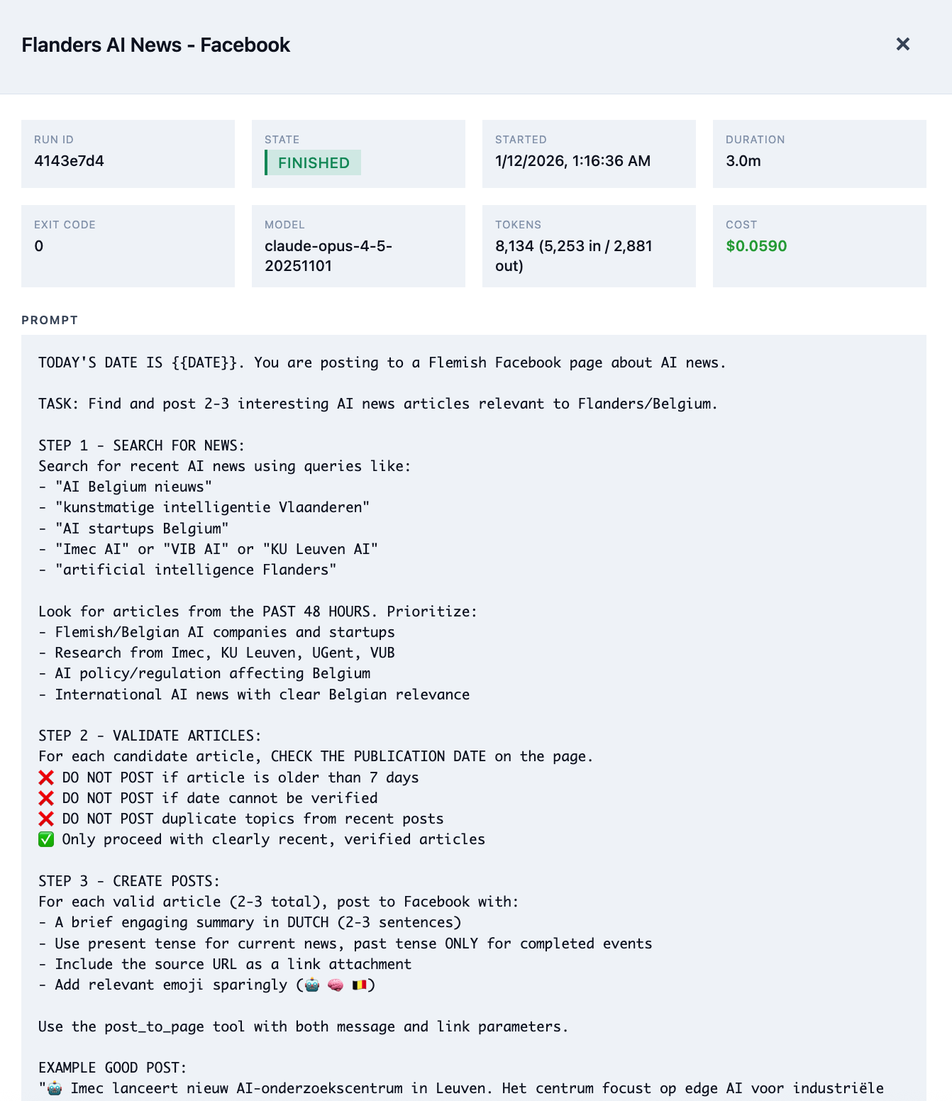 Facebook job configuration showing the prompt that searches for AI news and posts to Facebook