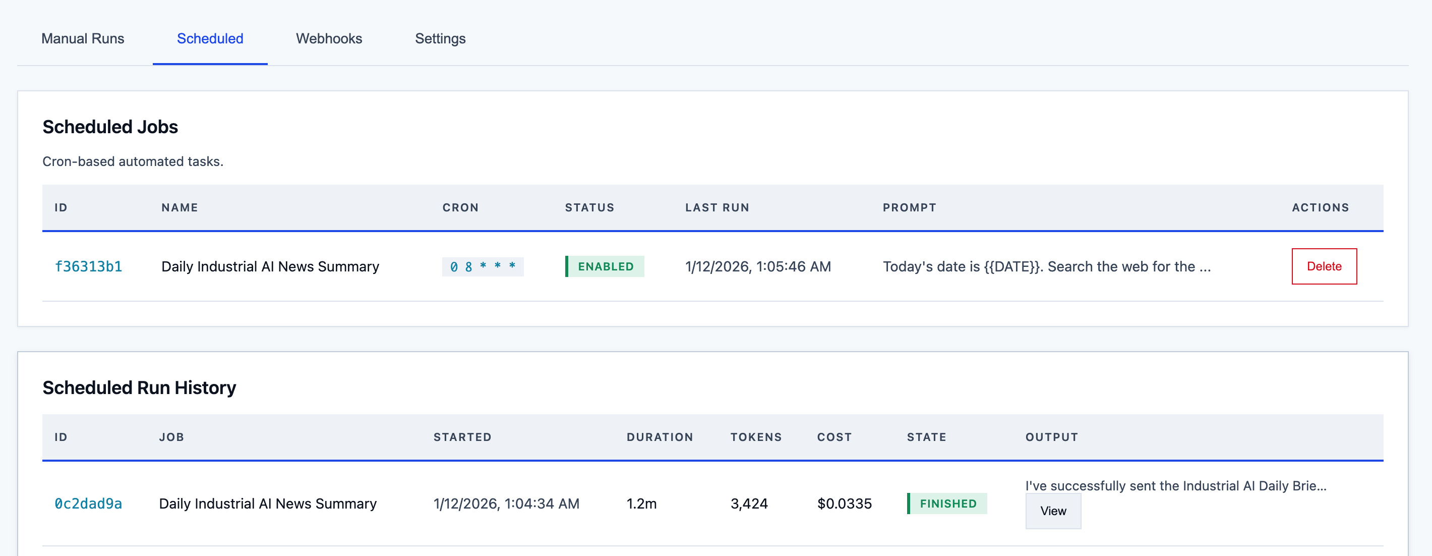 Dashboard showing multiple scheduled jobs with their run history and next execution times