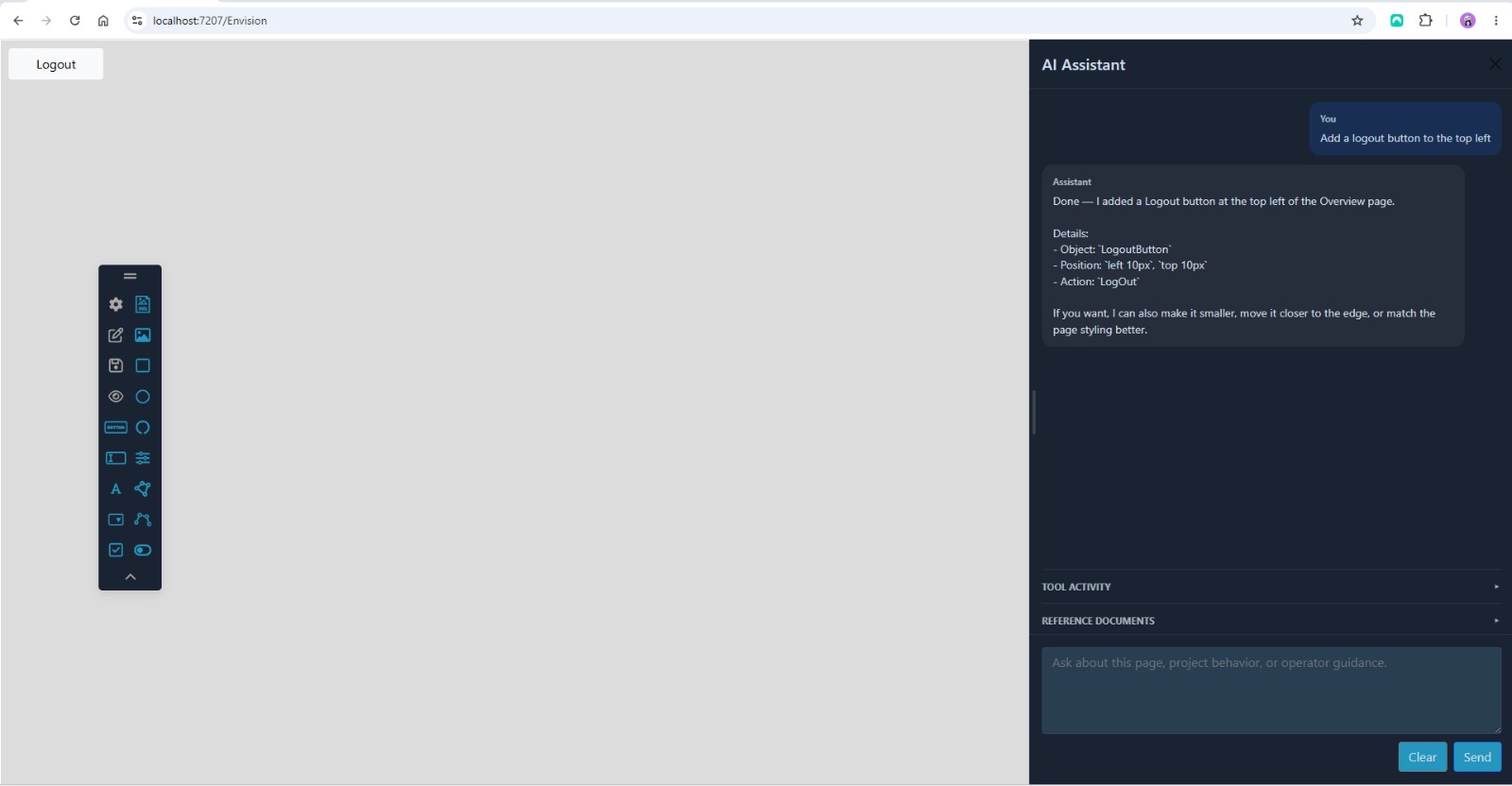 EnvisionSCADA's embedded AI assistant building a page element from a natural-language instruction
