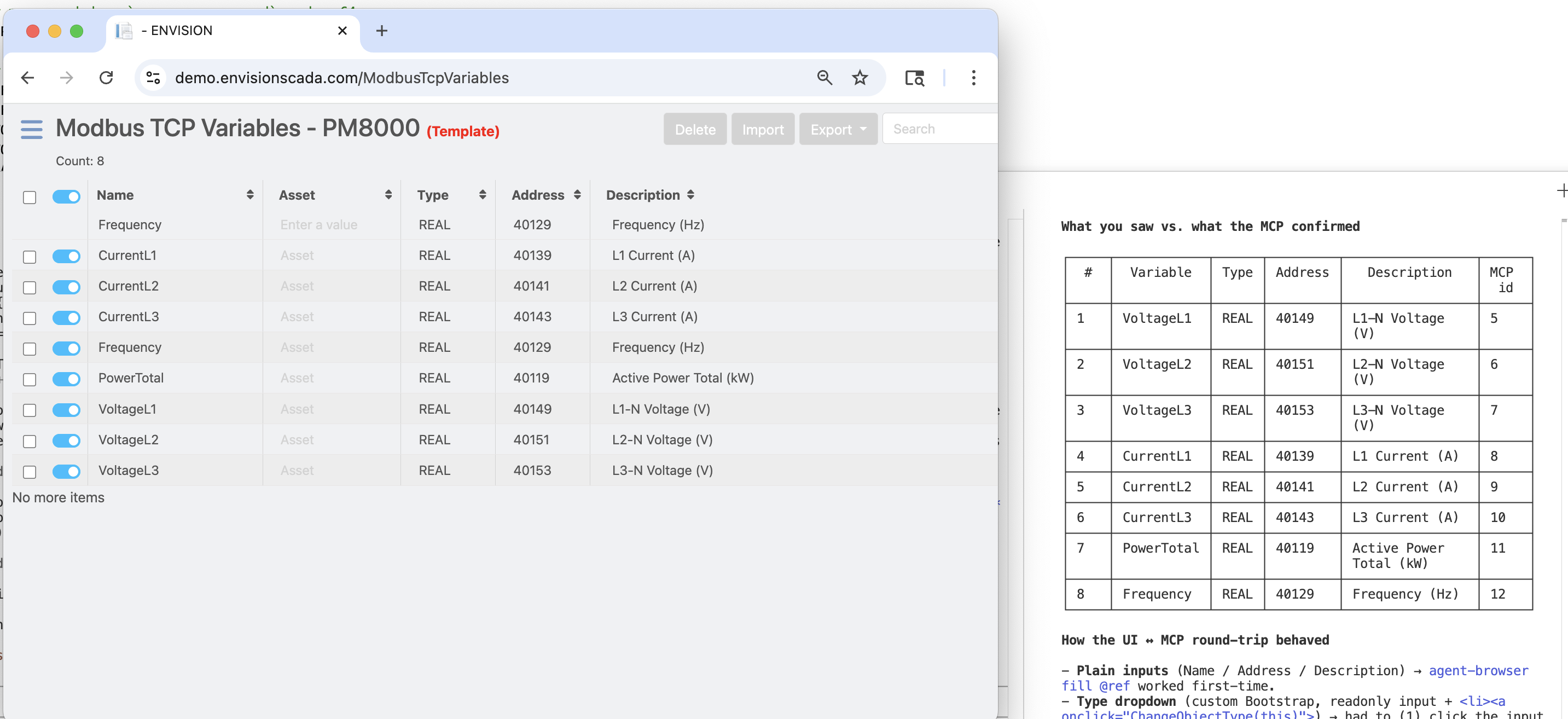 The Modbus TCP variables the agent created for the PM8000, with its own verification table comparing UI state against MCP state