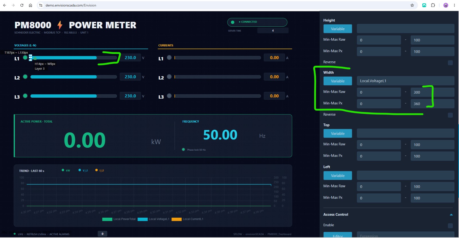 The PM8000 dashboard the agent built — live values, animated bars, and a working trend chart on the public demo