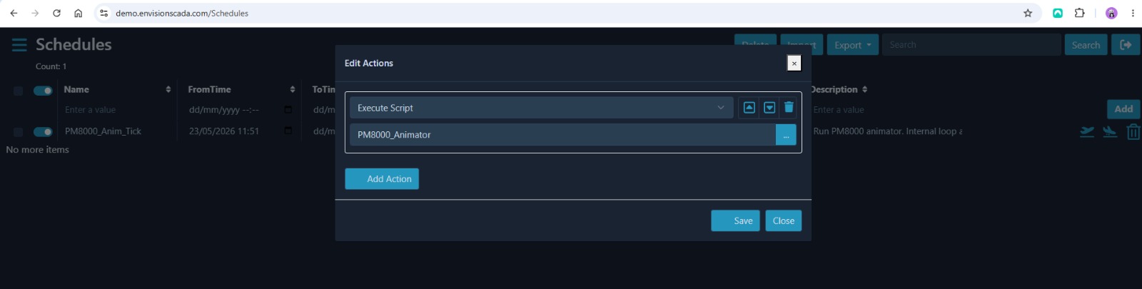 The scheduled action the agent configured to run the PM8000 animator script