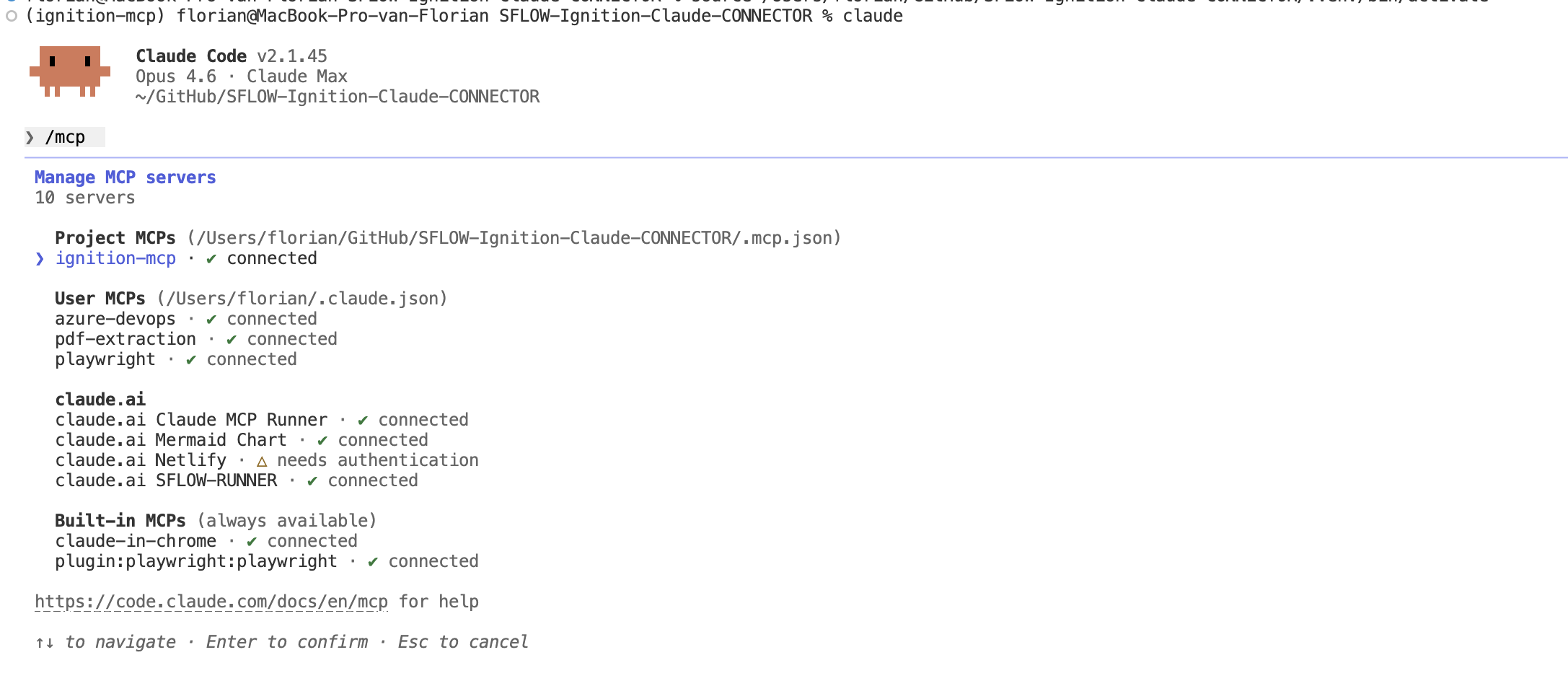 The Ignition MCP server connected — showing all available tools