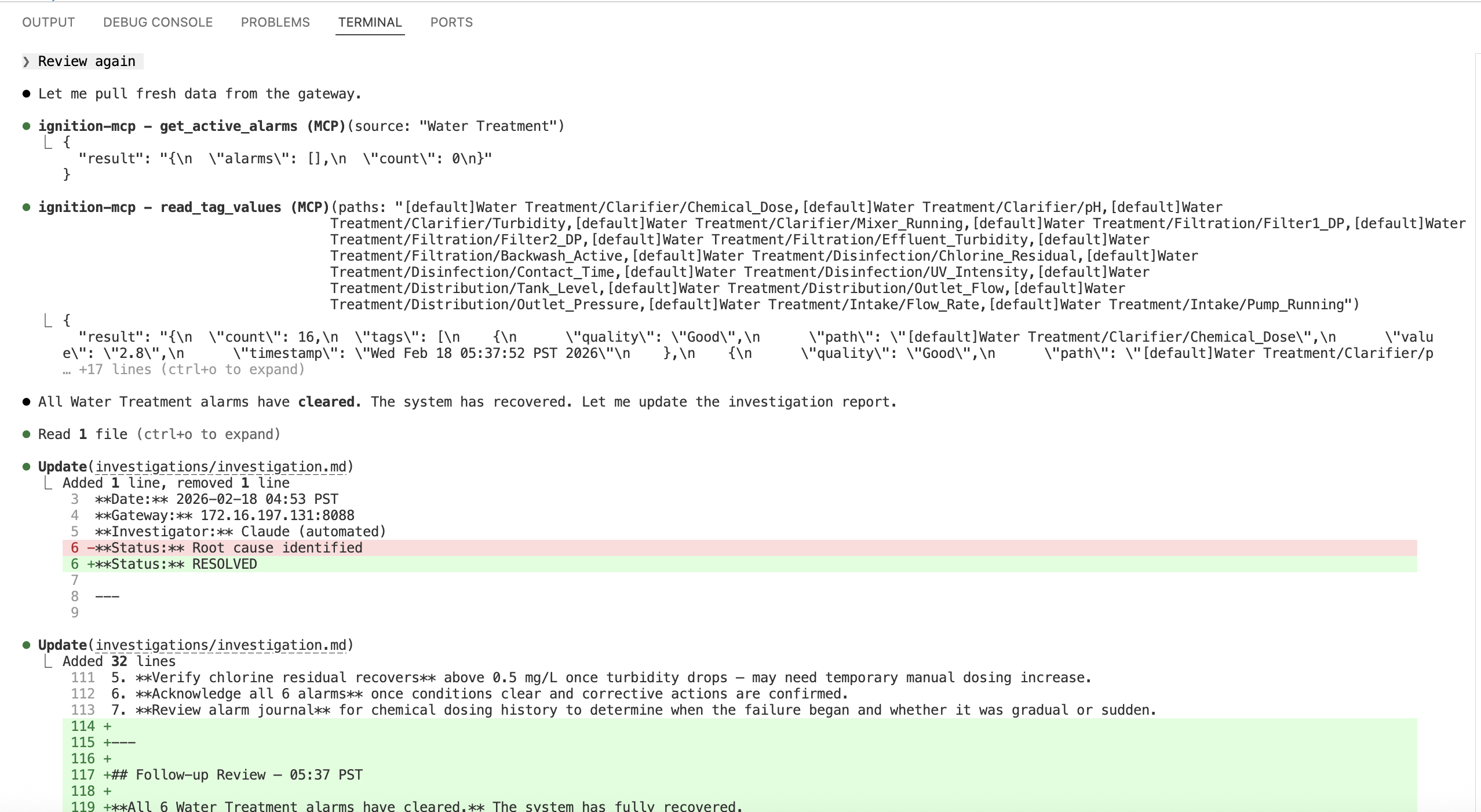 Claude verifying all alarms have cleared and updating the investigation report with recovery data