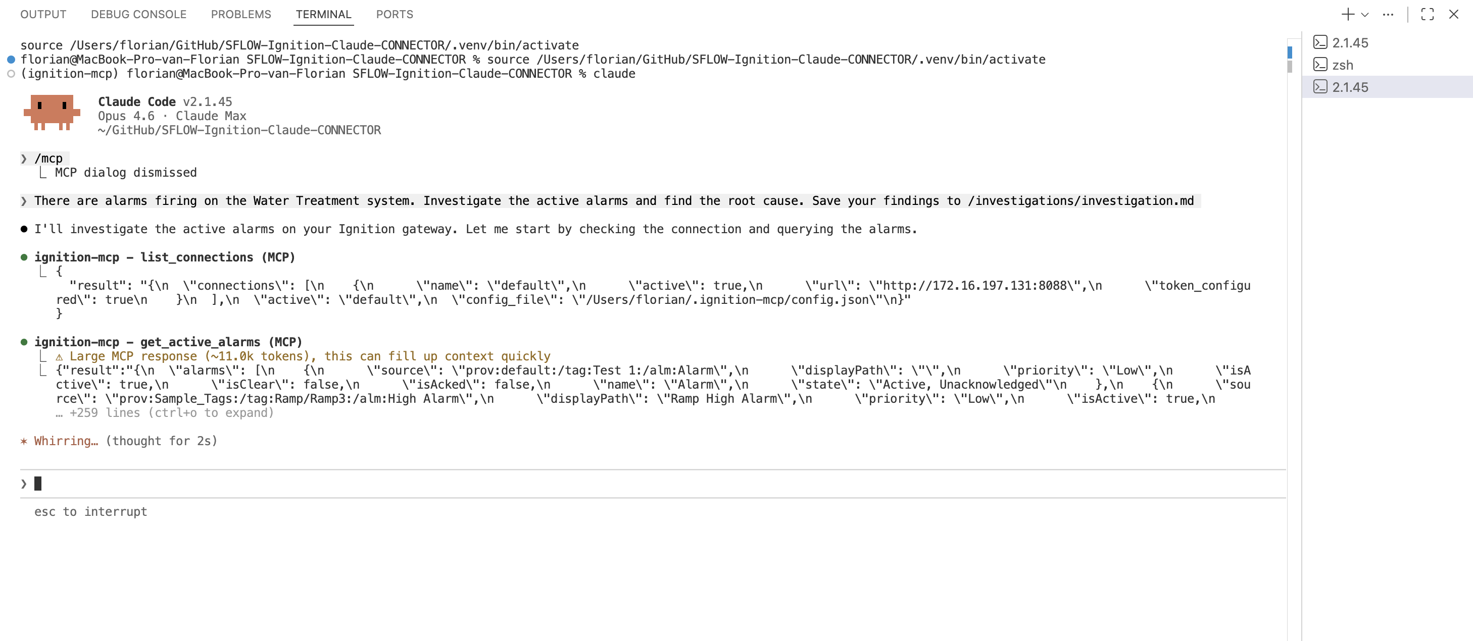 The investigation prompt in Claude Code — Claude immediately begins querying the gateway