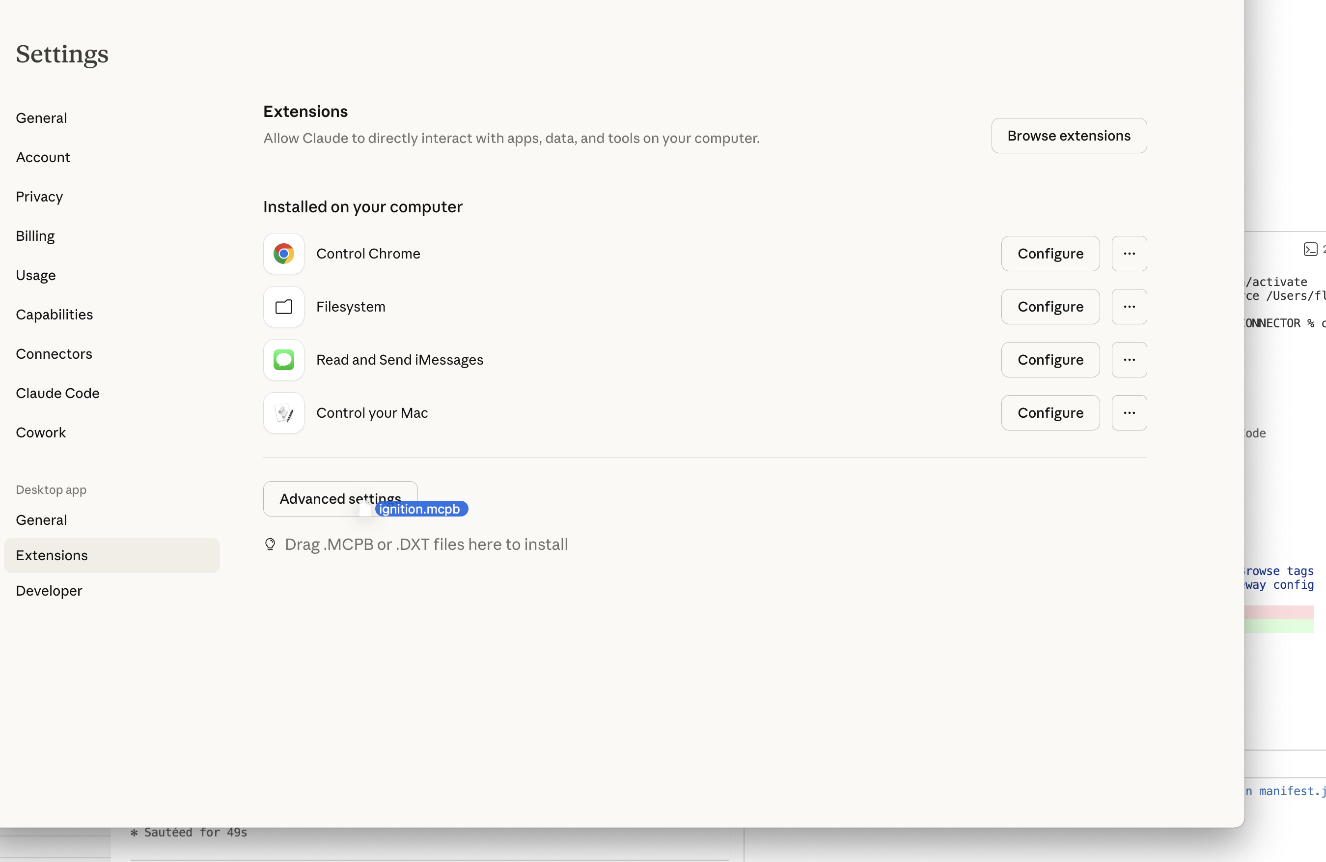 Dragging the ignition.mcpb file onto the Extensions page