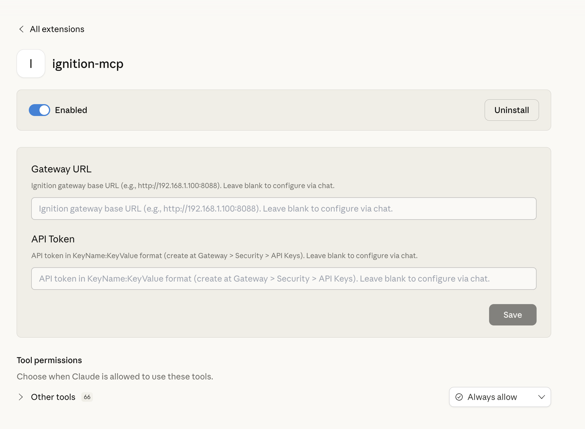 Extension configuration page with Gateway URL and API Token fields
