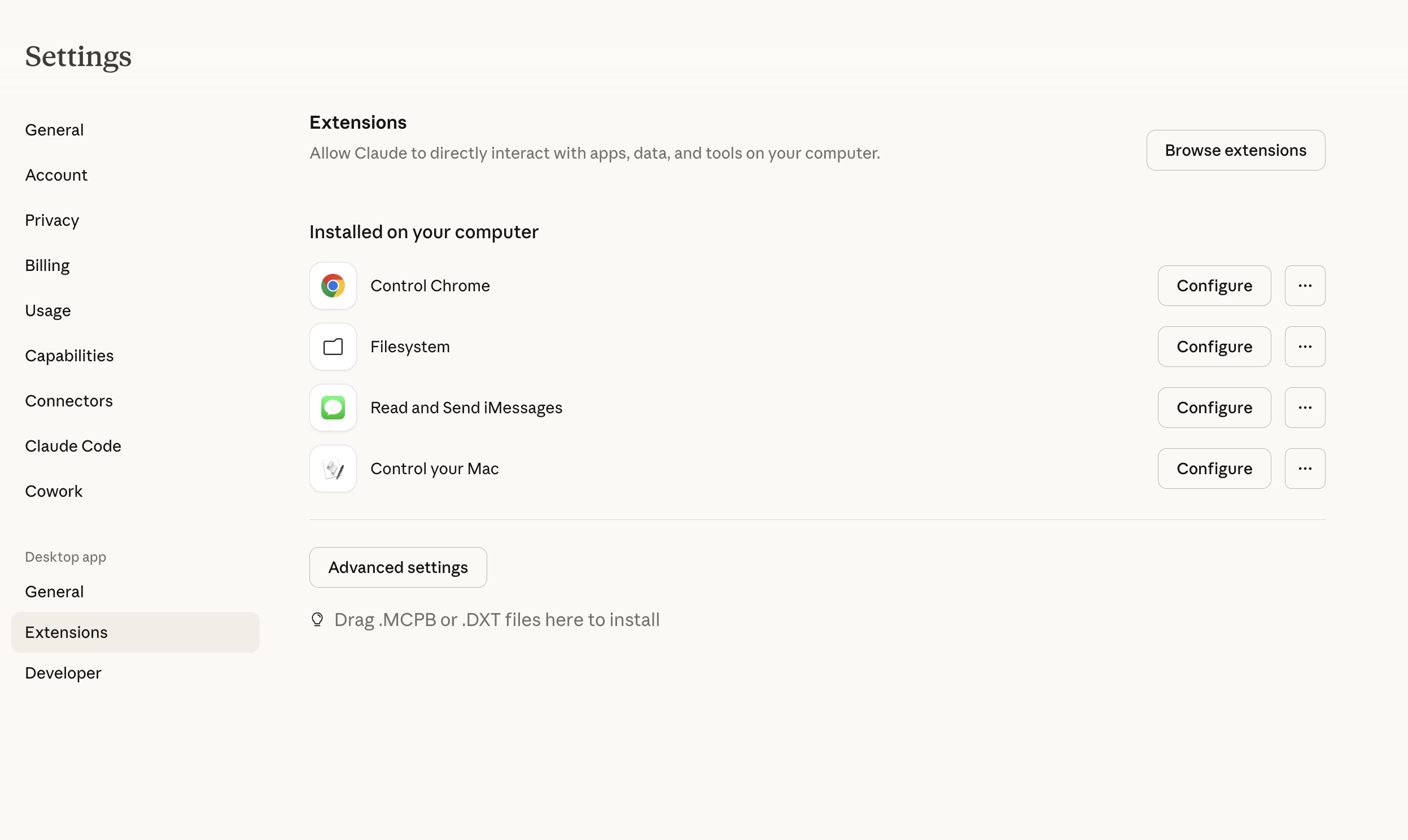 Claude Desktop Extensions page showing installed extensions and the MCPB drop zone