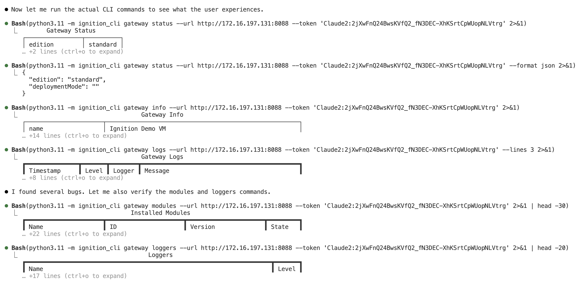 Claude Code running Ignition CLI commands against a live gateway to diagnose issues
