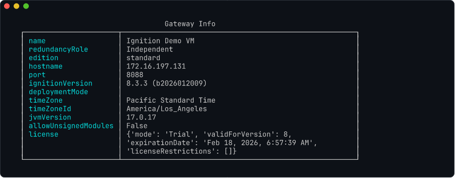 Gateway info with Rich table formatting