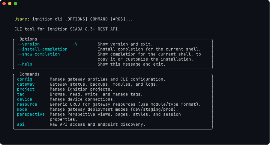 ignition-cli --help showing all 9 command groups