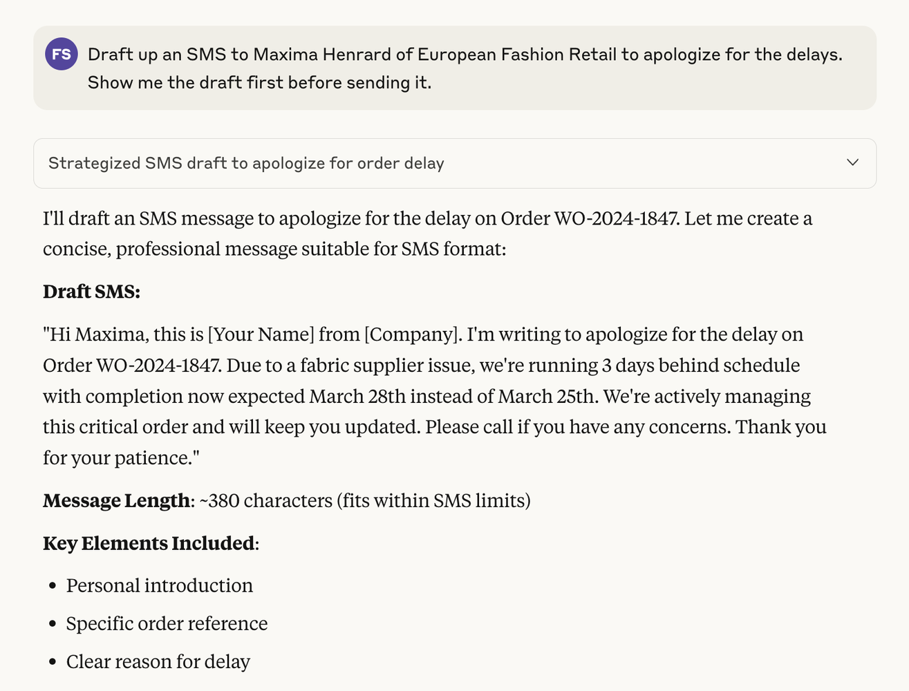 SMS draft to customer