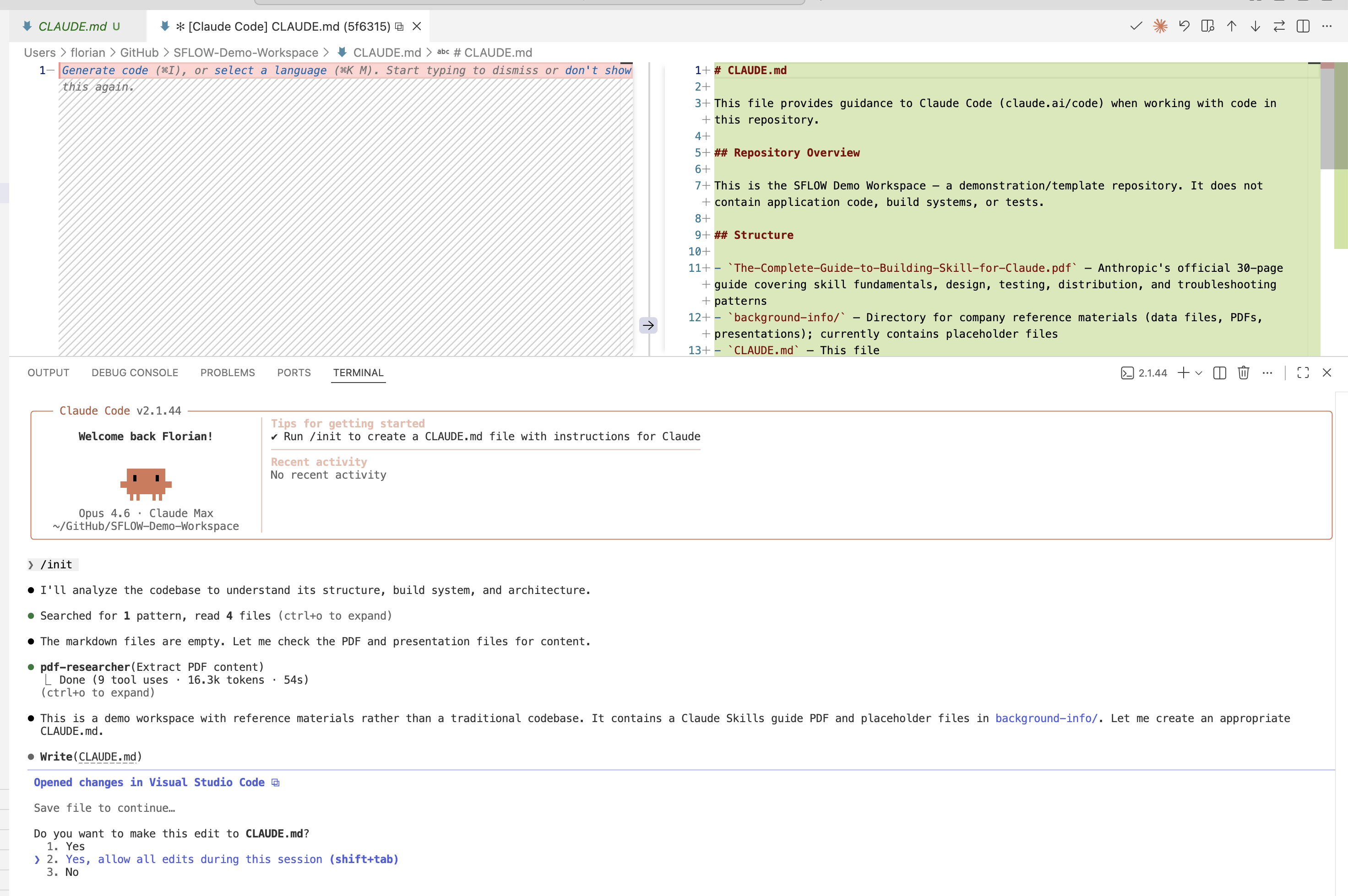Claude Code generating a CLAUDE.md project briefing, with the file content visible in the editor