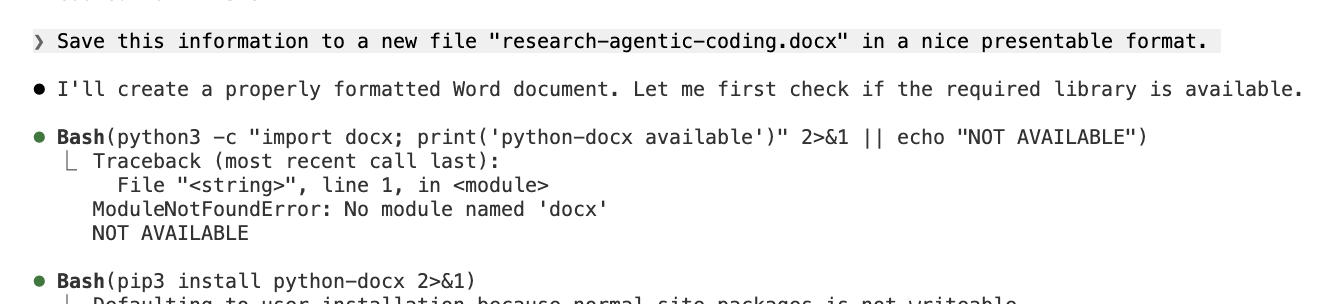 Claude Code installing python-docx and generating a formatted Word document from the research