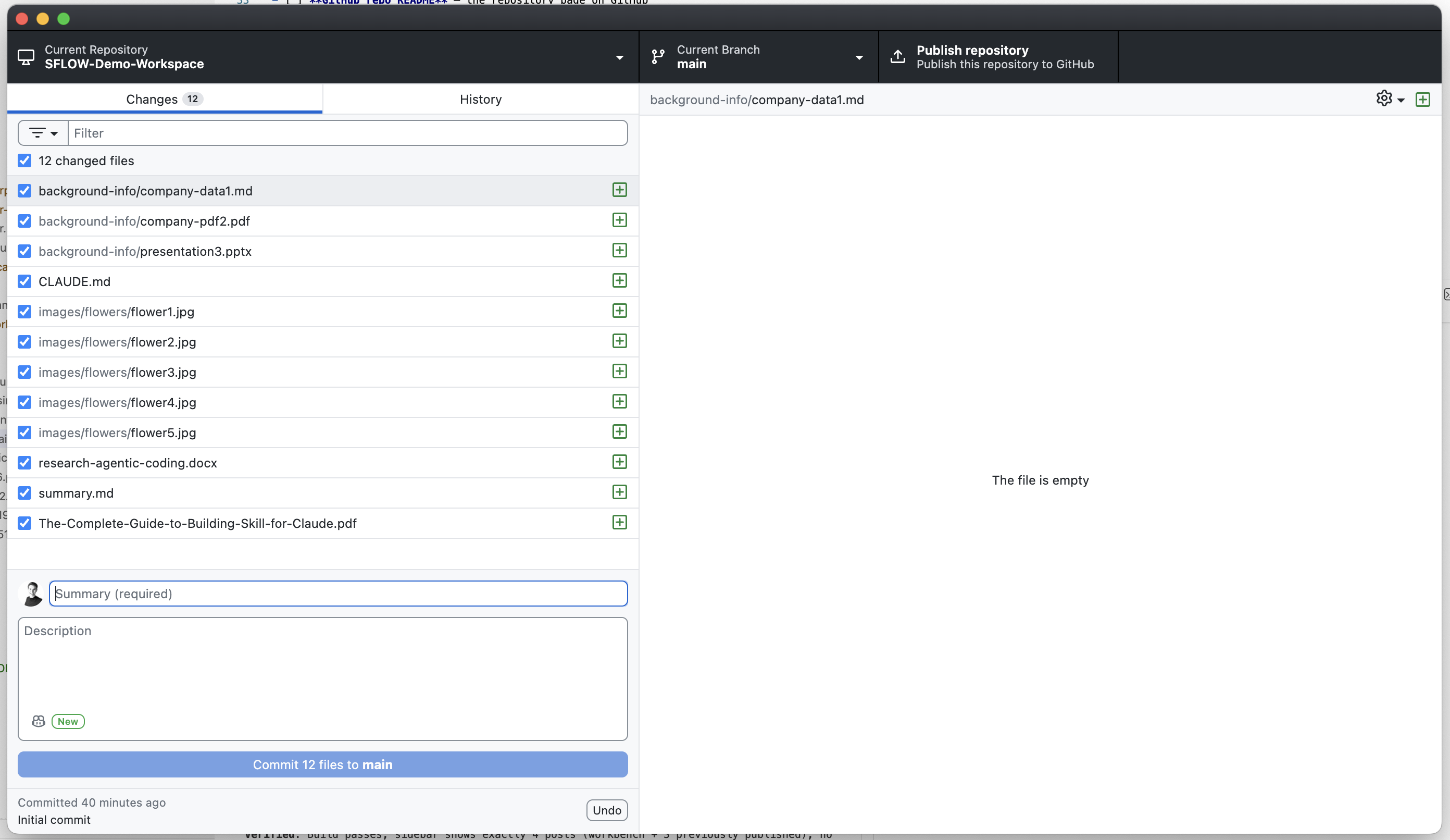 GitHub Desktop showing 12 changed files ready to commit — the complete audit trail of a single AI-assisted session