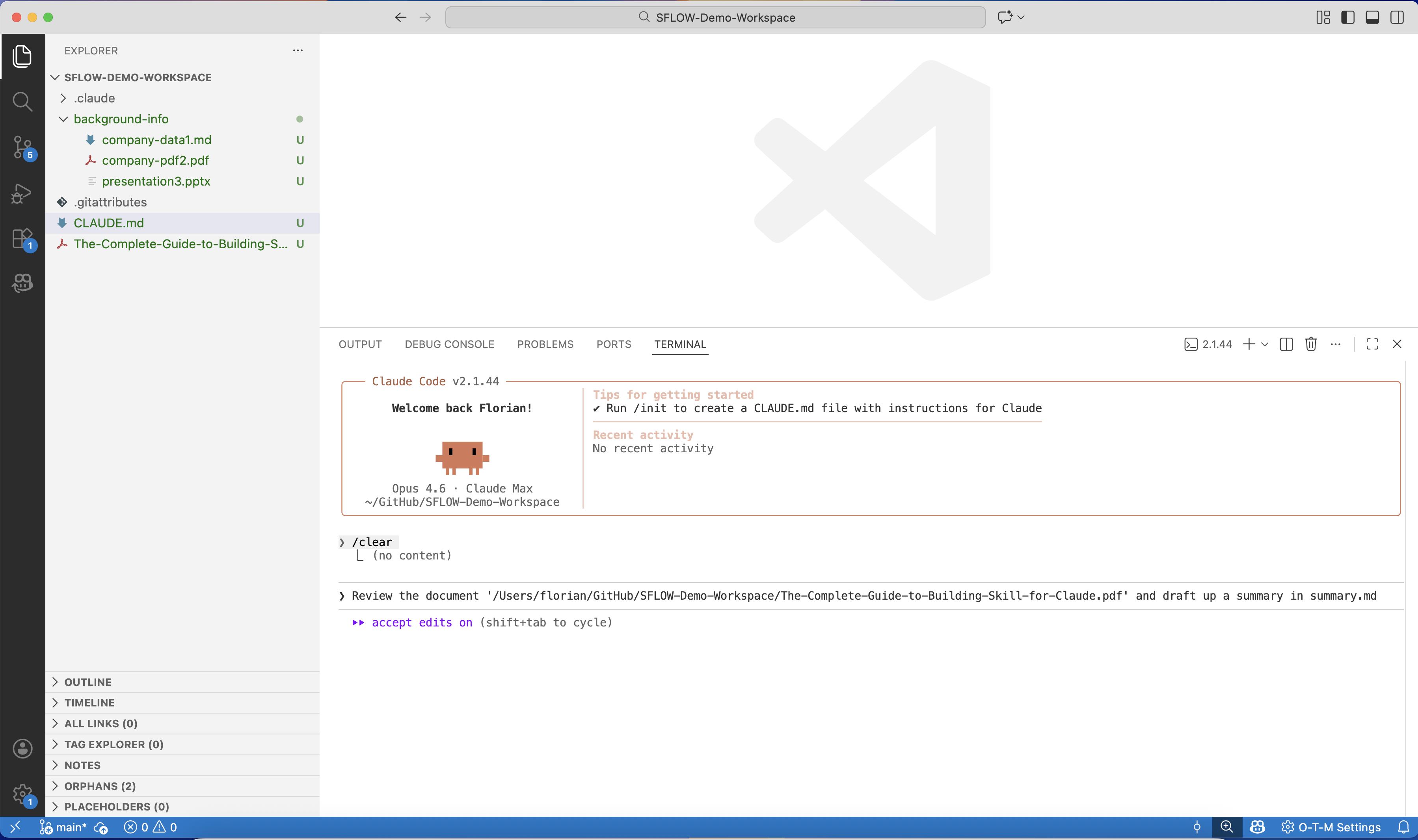 Claude Code reviewing a PDF document and drafting a structured summary in VS Code